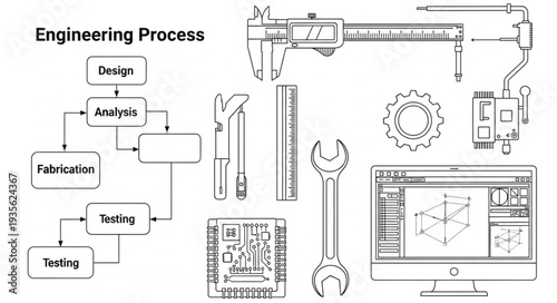 Engineering process diagram with tools and blueprints.