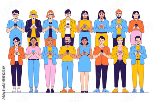 People illustration of a diverse group using smartphones in colorful outfits