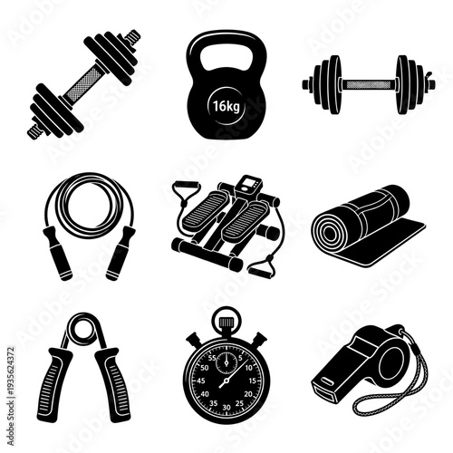 Professional Fitness and Gym Equipment Icon Set Featuring Dumbbells, Kettlebell, Jumping Rope, Stepper Machine, Yoga Mat, Hand Gripper, Stopwatch and Whistle