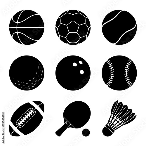 Comprehensive Sports Ball Collection Icons Including Basketball, Soccer, Tennis, Golf, Bowling, Baseball, American Football, Ping Pong Racket and Shuttlecock