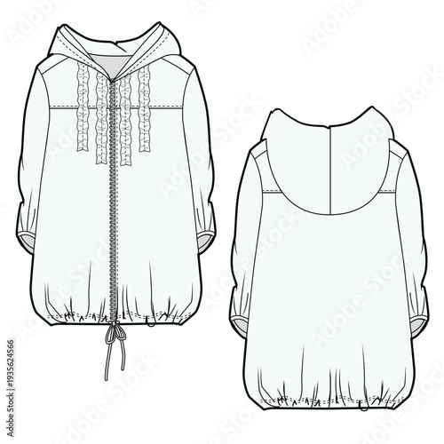Women's windbreaker jackets flat sketch vector mockup template technical illustration.