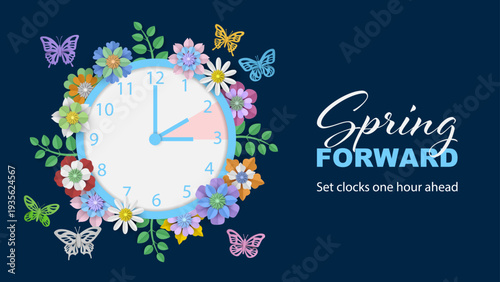 spring forward banner with paper clock with paper flowers and butterflies