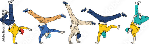 Breakdance dancers performing dynamic handstand moves, hip hop street dance performers in urban style outfits, energetic breakdancing action isolated vector illustration set