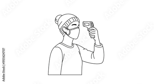 Person in mask taking own temperature with infrared thermometer