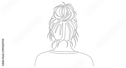 Rear view of woman with messy bun hairstyle line art