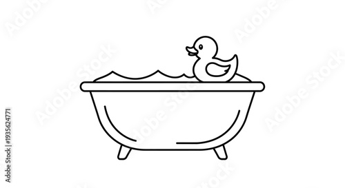 Rubber duck in bathtub simple black line icon