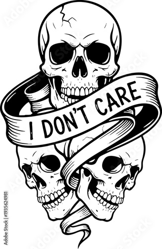Skulls with I Don't Care Banner Engraving Style Tattoo Art