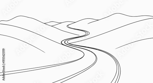 Winding road line art in hilly landscape black and white