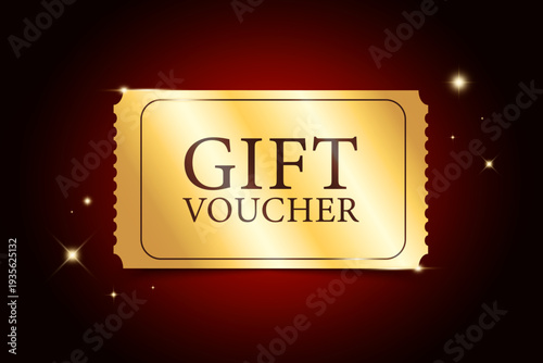 Golden gift voucher on red background with flashlights. Shiny special discount coupon, premium discount card. Vector illustration