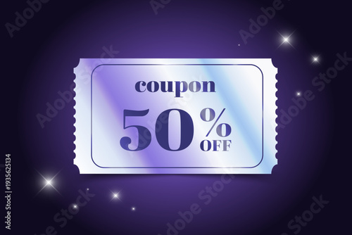 Holographic discount coupon on purple background with shiny stars. Special offer gift voucher, discount card. Vector illustration