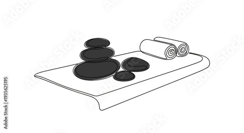Zen spa stones and towels on massage table continuous line