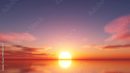 Sunrise over calm ocean waters with vibrant orange and purple hues reflecting on the surface, creating a serene and tranquil atmosphere at dawn