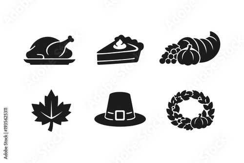 Collection of Thanksgiving holiday icons including turkey, pie, cornucopia, leaf, hat, and wreath