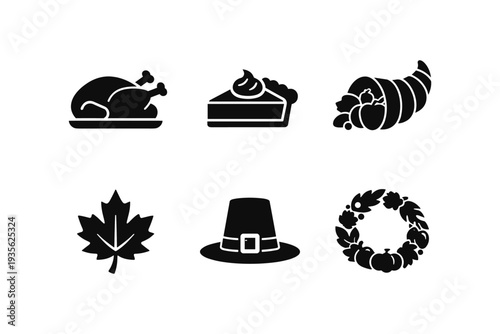 Thanksgiving holiday icons: turkey, pie, cornucopia, maple leaf, pilgrim hat, wreath