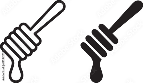 Simple honey dipper spoon with dripping honey icon set, line and solid fill vector illustration
