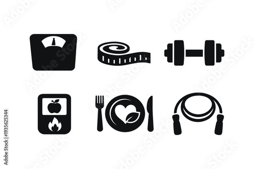 Collection of icons representing health, fitness, and weight loss concepts