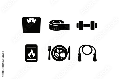 Set of icons representing health and fitness: scale, tape measure, dumbbell, phone, food, and jump rope