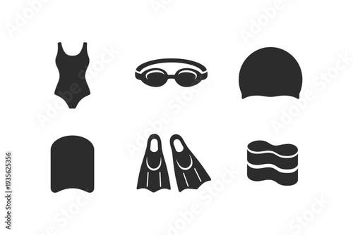 Collection of swimming equipment icons including swimsuit, goggles, cap, kickboard, fins, and pull buoy
