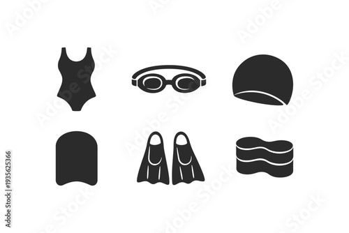 Collection of black swimming gear icons on a white background for sports and fitness