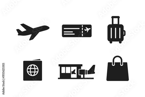 Collection of travel and airport icons including airplane, ticket, luggage, and passport