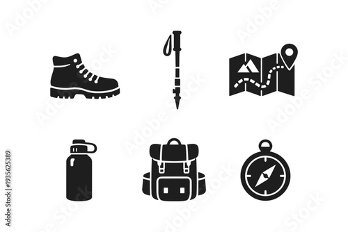 Collection of outdoor adventure and hiking equipment icons on a white background