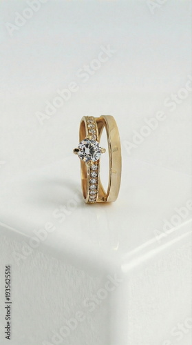 Side view of gold double band diamond ring. Modern engagement jewelry design