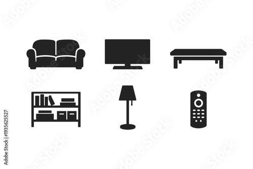 Collection of modern living room furniture and electronics icons in silhouette