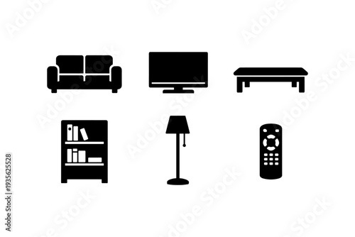 Collection of black icons representing living room furniture and electronics on a white background
