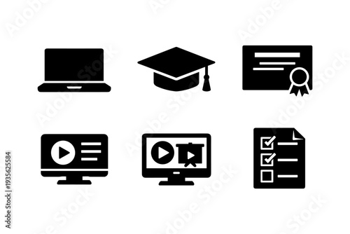 Collection of black icons representing online education and learning concepts