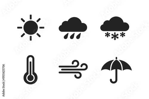 Collection of weather icons including sun, rain, snow, thermometer, wind, and umbrella
