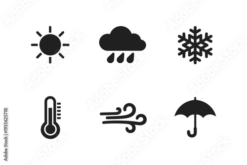 Collection of weather icons including sun, rain, snow, thermometer, wind, and umbrella
