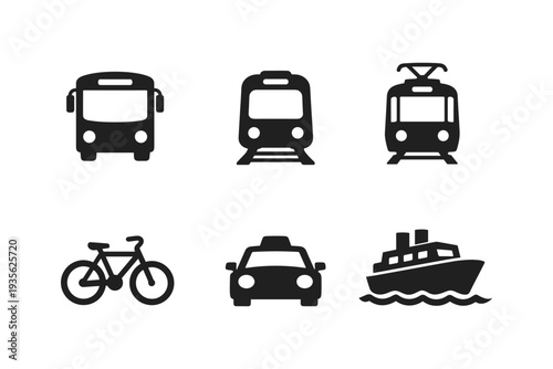 Collection of six simple black icons representing different modes of transportation