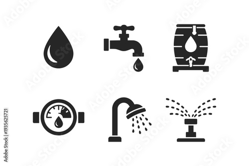 Collection of water-related icons including a drop, faucet, barrel, meter, shower, and sprinkler