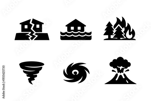 Collection of natural disaster icons including earthquake, flood, fire, tornado, hurricane, and volcano