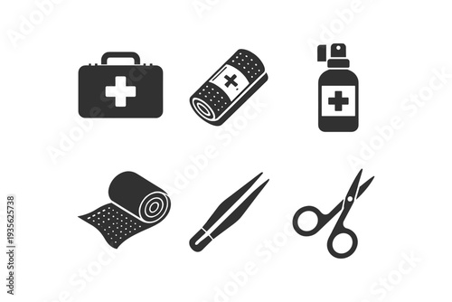Medical first aid kit icons including bandages, scissors, tweezers, and antiseptic spray