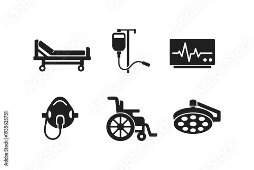 Collection of medical equipment icons including hospital bed, IV drip, EKG, mask, wheelchair, and surgical light
