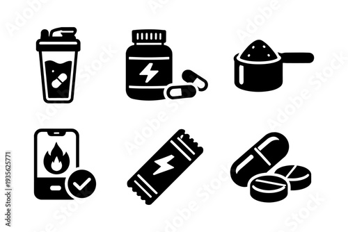 Collection of black icons representing sports nutrition and supplements for fitness