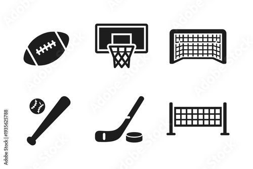 Collection of sports equipment icons including football, basketball, hockey, baseball, and nets