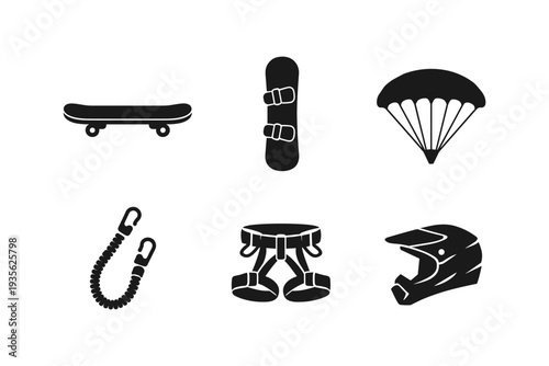 Collection of extreme sports equipment icons including skateboard, snowboard, parachute, harness, and helmet