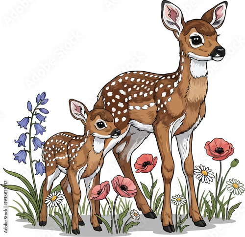 A mother deer and her fawn standing together in a field of colorful flowers and lush greenery on a sunny day