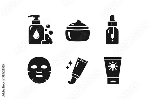 Collection of skincare product icons including serum, cream, mask, and sunscreen