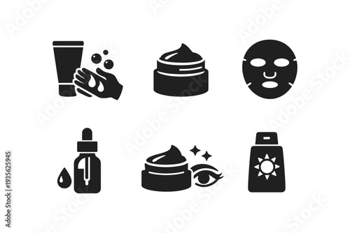 Collection of skincare icons representing beauty products and routines for healthy skin
