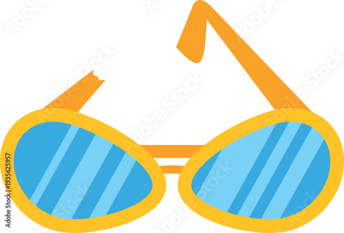 Broken yellow sunglasses with blue lenses showing a need for repair or replacement