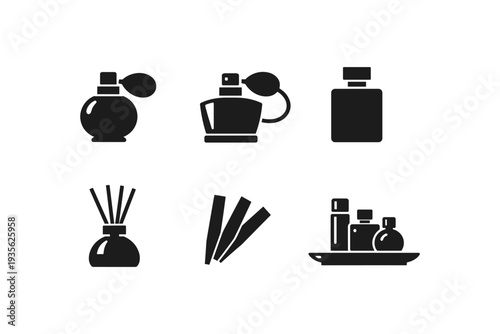 Collection of perfume bottles and aromatherapy diffuser icons