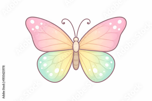 Enchanting Pastel Gradient Butterfly Illustration - Whimsical Soft Pink, Yellow, Green Wings with Polka Dots. Cute Kawaii Insect Art for Spring, Summer, Nature & Kids' Designs.