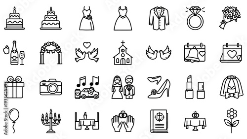 Collection of Wedding Icons and Symbols for Celebrations.