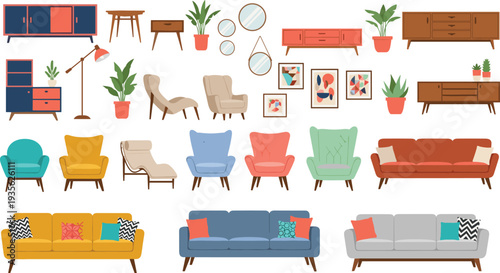 Modern living room furniture collection vector set including sofas, armchairs, cabinets, mirrors, plants and decor elements for stylish interior design illustration