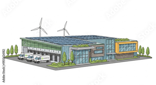 Sustainable Industrial Building with Wind Turbines.