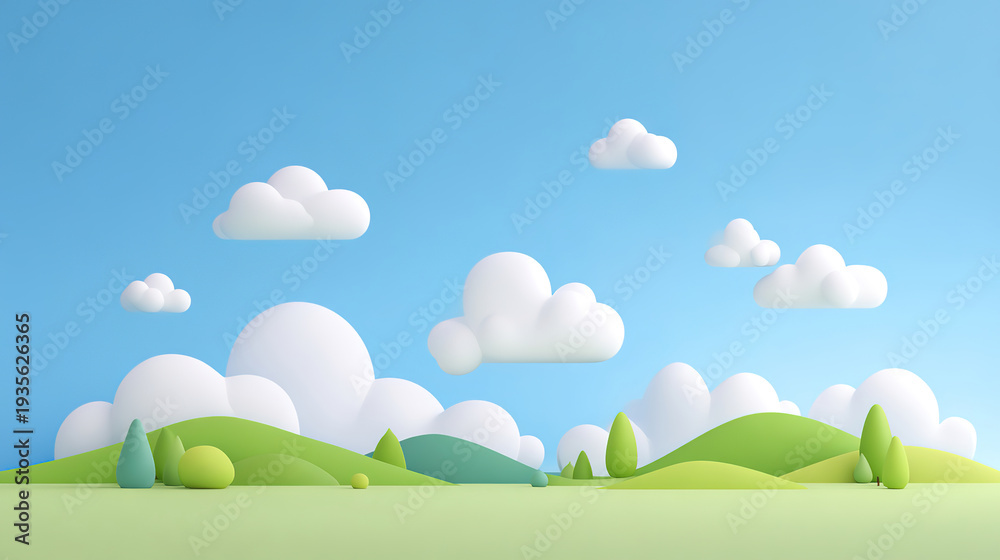 Fototapeta premium Minimalist style illustration of blue sky, white clouds and grass