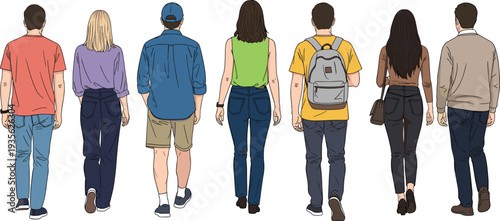 Rear view diverse group of people walking together, casual young adults team, multicultural men women lifestyle illustration, urban crowd concept